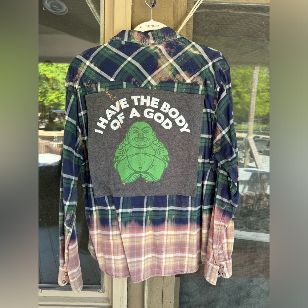 Bleached Upcycled Unisex Buddha Flannel LG